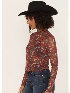 ROCK & ROLL denim COWGIRL boot print sheer top
